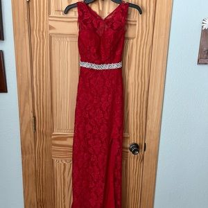 Red lace prom dress.